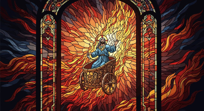 Stained glass artwork of a biblical prophet in a chariot of fire