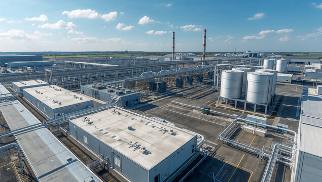 冷却設備と電力基盤が整う大規模データセンターを見渡した昼の風景