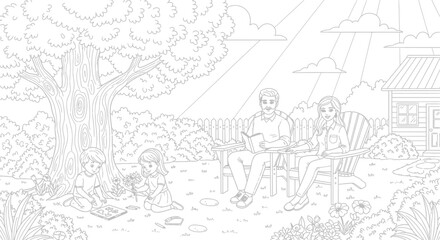 Obraz premium Family Relaxing in Backyard Garden, Parents Reading, Kids Playing