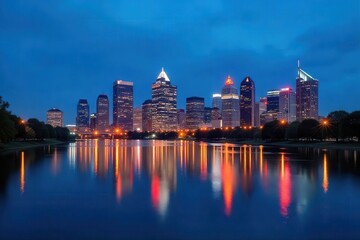 Fototapeta premium Nighttime cityscape reflections philadelphia photography urban panoramic serenity
