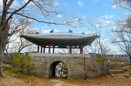 Histry's korean gate on Bukhansan Mountain in sky clear day. Nature trail in Korea