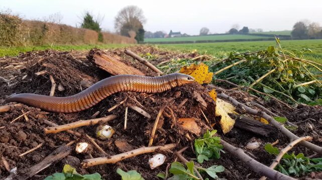 A millipede slowly crawls on a pile of soil and twigs in a natural outdoor setting, evoking a sense of serenity and connection to nature.