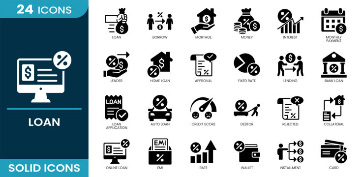 Loan icon set. Loan approval, borrowing system, mortgage loan, cash funding, interest calculation, payment schedule, lender service, housing loan, Solid vector icons collection.