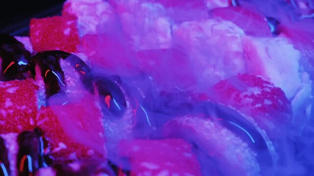 Fresh sushi rolls with red roe and eel sauce sit on a chilled serving tray. Thick white dry ice fog flows over the Japanese cuisine under vibrant club lights.