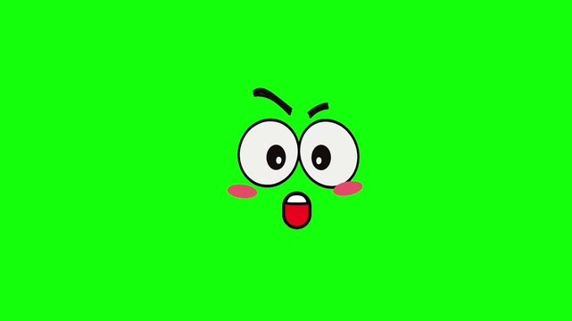 Animated 2D cartoon face showing a shocked reaction, eyes widening and blinking rapidly, mouth opening and closing in surprise, isolated on green screen background.