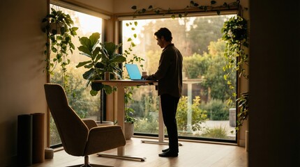 Fototapeta premium Minimalist home office with large window at golden hour