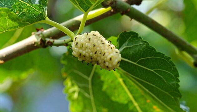Close-up of a ripe white mulberry fruit on a tree branch.