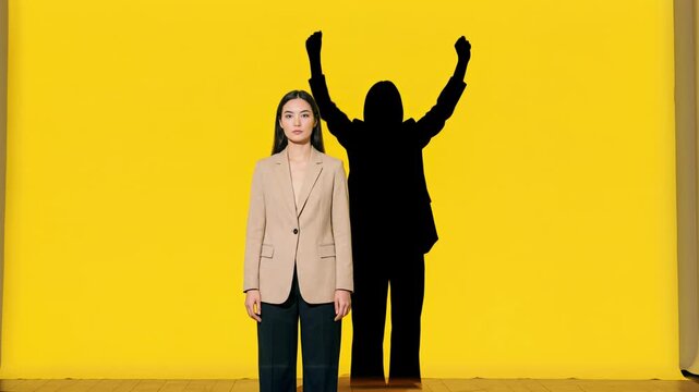 Asian woman standing with neutral expression while her shadow shows a victorious pose with raised arms. Inner strength and hidden potential concept on yellow background. Overcoming depression