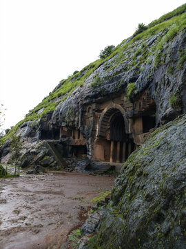 Ancient rock-cut Buddhist Chaitya hall entrance at Bhaja Caves