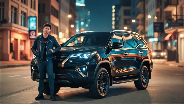​A stylish man in a leather jacket posing next to a luxury black SUV on a vibrant city street illuminated by night lights