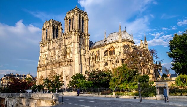 Majestic Notre Dame Cathedral in Paris, France, under a bright blue sky.