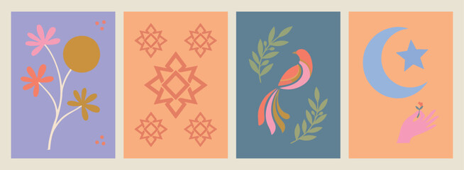 Fototapeta premium geometric star icon, tropical bird illustration, folk art aesthetic, decorative nature design, symmetrical star pattern, colorful avian vector, traditional ornament style 