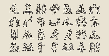 childhood play icon set, kid activity line art, playground equipment vector icons, child development symbols set, educational play activity art, outdoor fun and game, children lifestyle icons set

