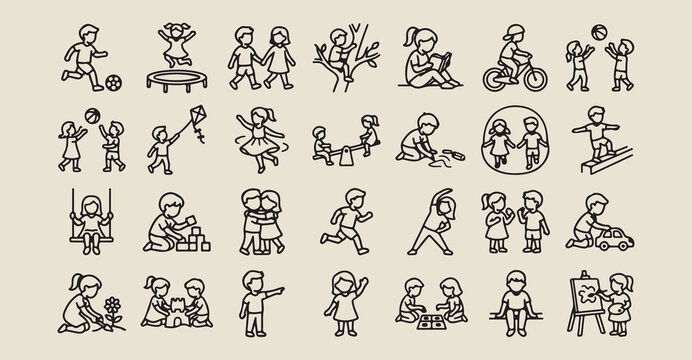 childhood play icon set, kid activity line art, playground equipment vector icons, child development symbols set, educational play activity art, outdoor fun and game, children lifestyle icons set
