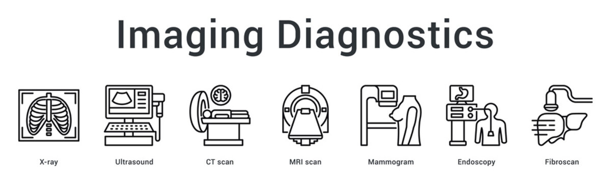 Imaging diagnostics banner web icon utilizes advanced scanning technologies for internal body visualization and detection.
