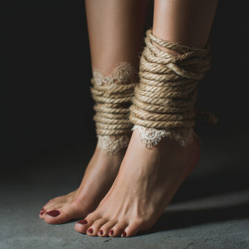 Feet rope lace woman tied bondage delicate skin shadow floor sensual closeup texture fashion art detail feminine soft dramatic contrast