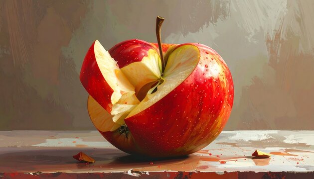 A vibrant, close-up digital illustration of a partially eaten red apple with a missing slice, on a textured surface