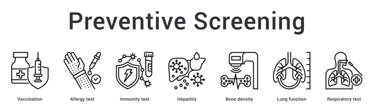 Preventive screening banner web icon provides immunization and testing for disease prevention and early detection.