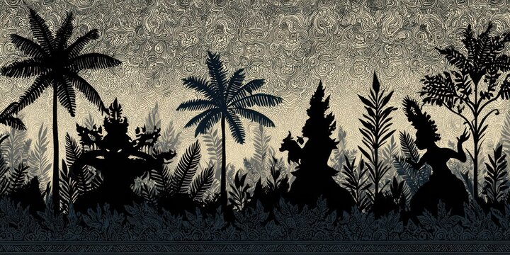 Silhouetted figures amid tropical foliage with textured background