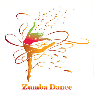 Vibrant woman dancing silhouette with abstract splash and ribbon elements for modern Zumba dance studio branding and posters