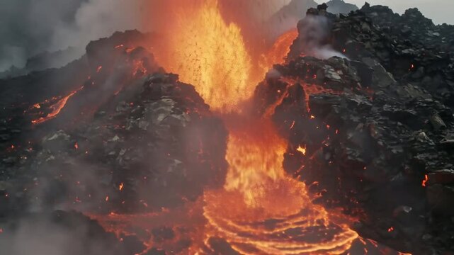 Erupting volcano spews molten lava and smoke into the air dramatically