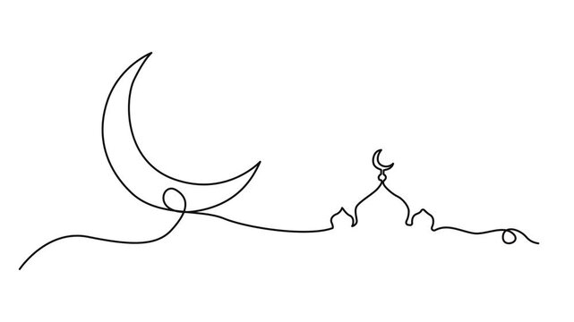 Moon continuous one line art drawing of Ramadan Kareem and Eid in outline vector illustration. one line Art icon drawing. Continuous line drawing of a mosque with crescent moon details.