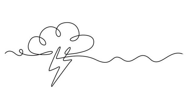 Thunderstorm cloud continuous one line drawing animation, Self drawing animation of single continuous line draw flashing thunderbolt with heavy cloud in the sky. Daily natural weather phenomena