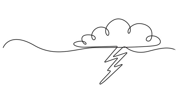 Thunderstorm cloud continuous one line drawing animation, Self drawing animation of single continuous line draw flashing thunderbolt with heavy cloud in the sky. Daily natural weather phenomena