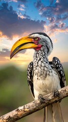 Obraz premium A vibrant portrait of a Southern Yellow-billed Hornbill perched on a branch, its striking beak and eye colors against a sunset sky