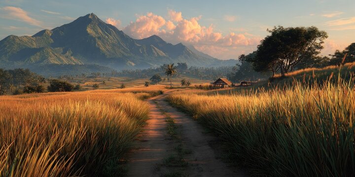 Scenic landscape view with mountains road and fields under a cloudy sky
