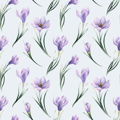 Crocus Seamless Pattern Spring Bulb Flower Watercolor hand drawn floral illustration isolated on light blue background © Leyla