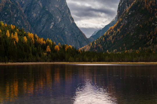 Dramatic autumn landscape of Lago di Landro (D&uuml;rrensee) with mountain reflections and golden larch trees, Dolomites, South Tyrol, Italy.