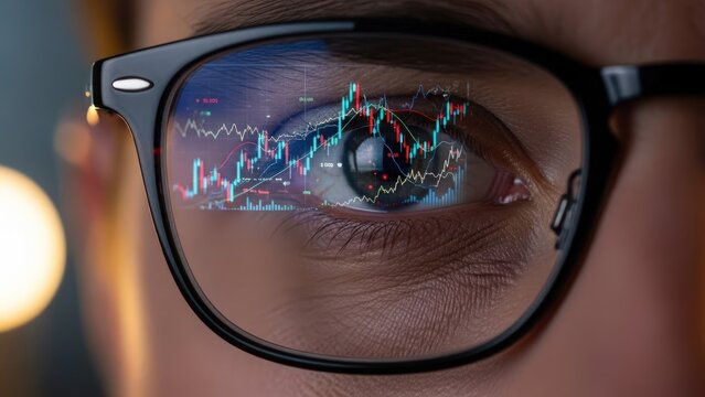 Focused eye in glasses, reflecting a glowing digital financial market candlestick chart
