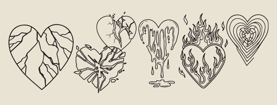 heartbreak gothic melting hearts art, emotional broken heart illustration, hand drawn dark romance graphics, creative dripping ink hearts, decorative emo style elements, sketchy love pain symbols, abs