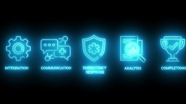 Neon-lit icons representing business concepts on a dark background with blue glow.