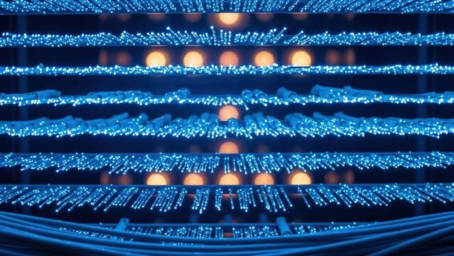 Close-up of server racks with illuminated fiber optic cables and glowing lights