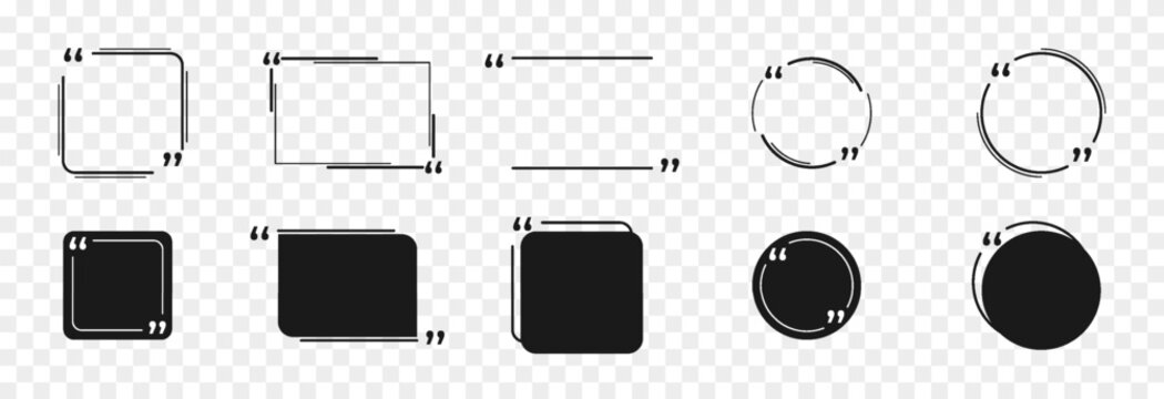 Set of black quote box frames for quotes or text. Black quote box PNG. Empty template for text or quote. Information field.