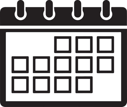 Black and white calendar featuring a rectangular page with four binding rings and a grid of eleven empty square boxes arranged in three rows, isolated on a solid white background