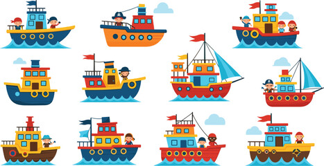 Flat vector illustration set of cute pirate ships and colorful boats with cartoon characters sailing on blue ocean waves for children nursery and nautical design