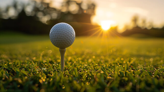 Golf ball on tee at sunset with beautiful bokeh and copyspace for golf club promotion and sports tournament poster.