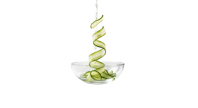 Fresh cucumber slices spiraling into a glass bowl with water droplets falling, isolated on transparent background