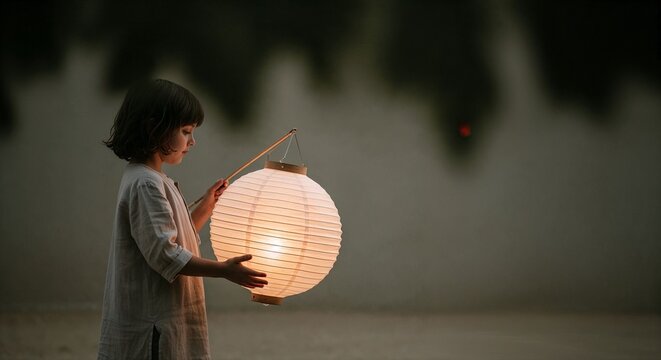 Young girl holding illuminated  paper lantern in outdoor evening setting  