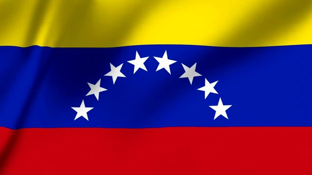 Venezuelan flag with yellow blue and red stripes and white seven pointed stars in a semi circle  national symbol