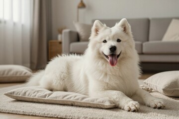 Fototapeta premium A serene white Samoyed relaxes on a plush cushion amidst the sleek, modern lines of a neutral-toned living room.