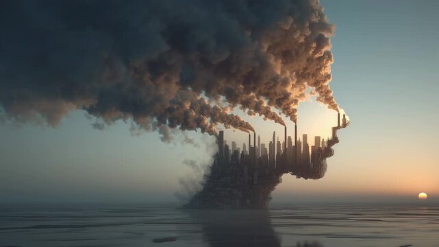 This captivating journey illustrates the heavy burden of pollution within a person's mind. Wisps of smoke form a human face, symbolizing the intricate relationship between environment and thoughts.