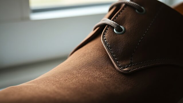 nubuck. Close-up of a single brown nubuck leather shoe with soft texture. lifestyle magazines, social media lookbooks, designed for lifestyle magazines and social media content, drives engagement.
