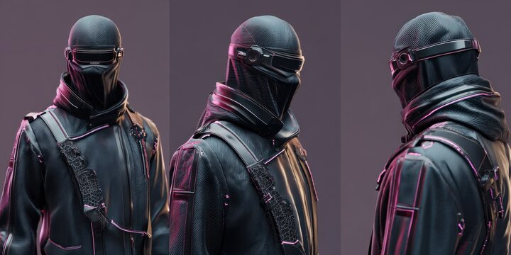 Three futuristic figures in dark attire with facemasks against purple backdrop