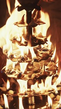 Varanasi, Uttar Pradesh, India. Candle Holder With Lit Candles On Ganga Maha Aarti Ceremony Begi...