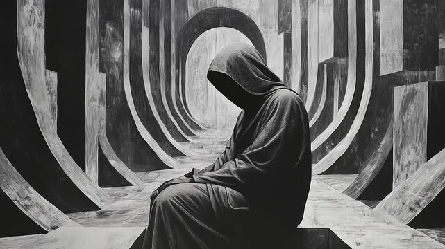 Mysterious hooded figure sits alone in abstract dark environment.