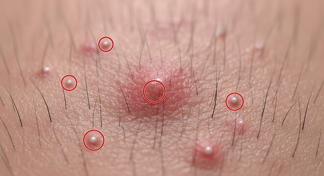 Macro close-up view of skin with multiple pimples and acne blemishes circled, indicating a skin care concern